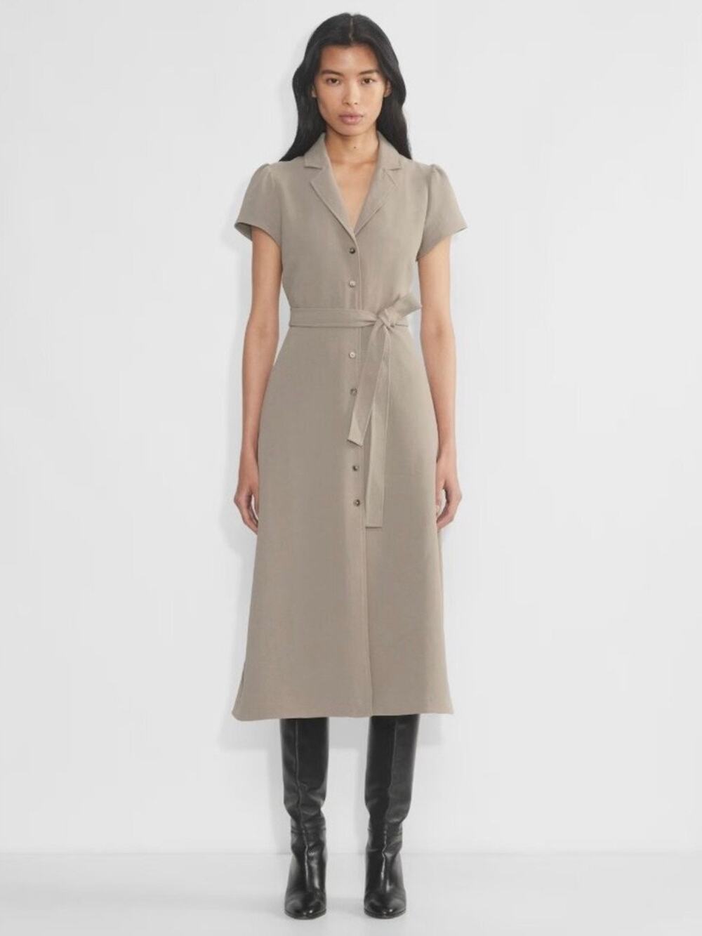 Aritzia Wilfred Shirt Dress Japanese Crepe Puff Sleeve Belted Midi Fit and Flare